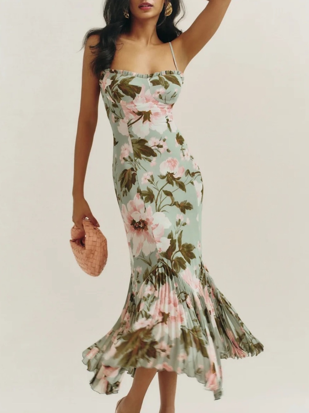 Reformation Aiko Green Floral Midi Dress Size 6